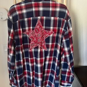 Extra large flannel, red, white and blue button-down shirt